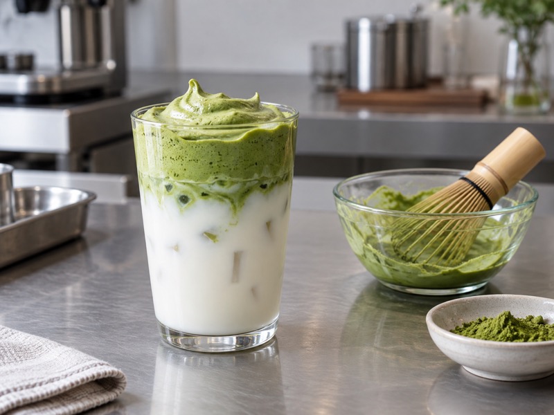 Dalgona matcha with a whipped green topping over milk in a café test cup