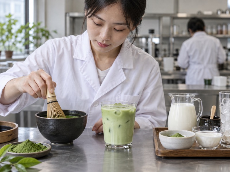 Plain water-mixed matcha and a milk matcha drink compared on a development counter