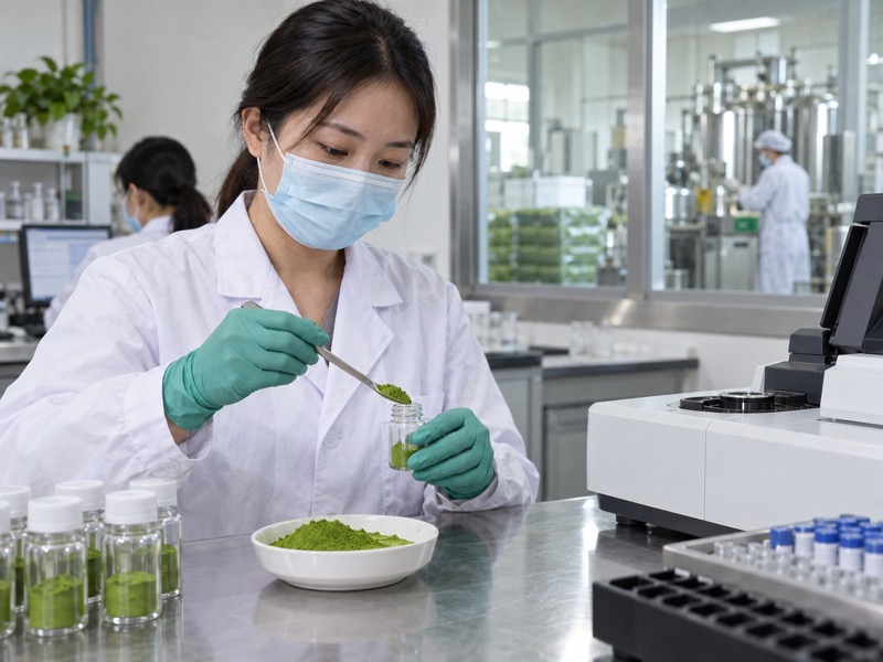 Matcha powder and prepared tea beside an analytical sample sheet in a Chinese tea factory