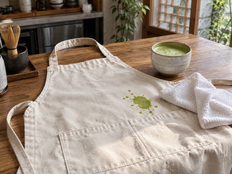 Green matcha spill on a light cotton café apron with a clean cloth nearby