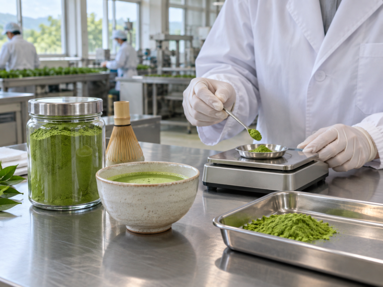 Technician weighs matcha powder beside a prepared cup in a Chinese tea factory