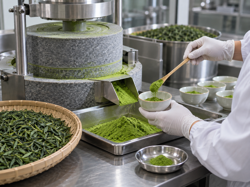 Fresh tea leaves and ground matcha at a stone mill sampling station