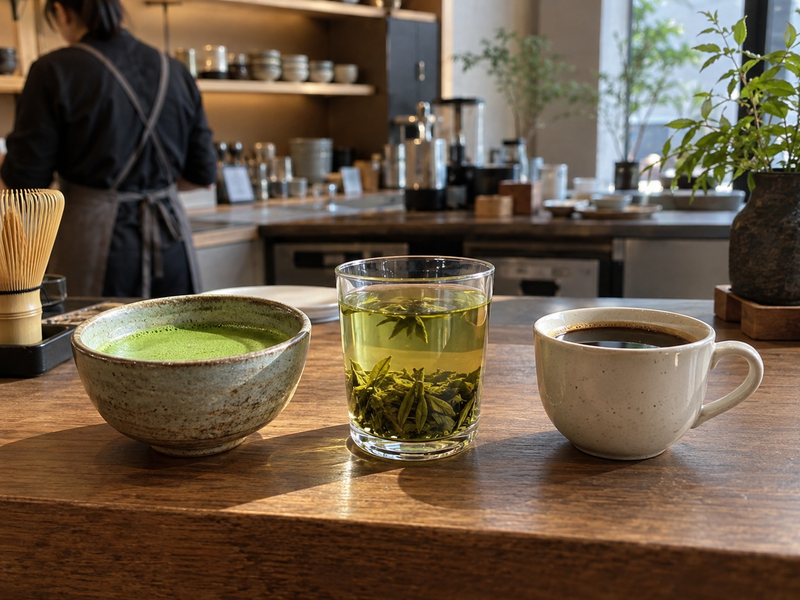 Matcha, brewed green tea, and coffee served side by side at a café
