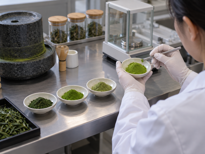 Technician compares matcha powder samples on a quality workbench