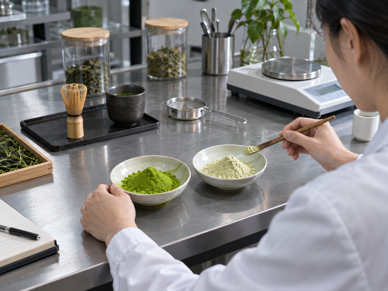Two tea powder samples compared in a Chinese product testing room