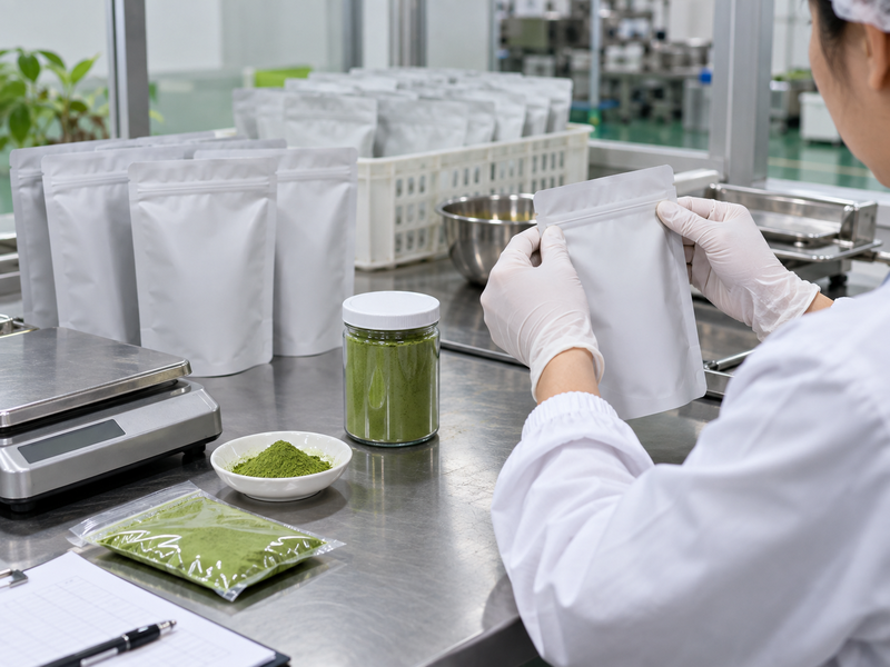 Worker checks a blank matcha pouch beside powder samples and a scale