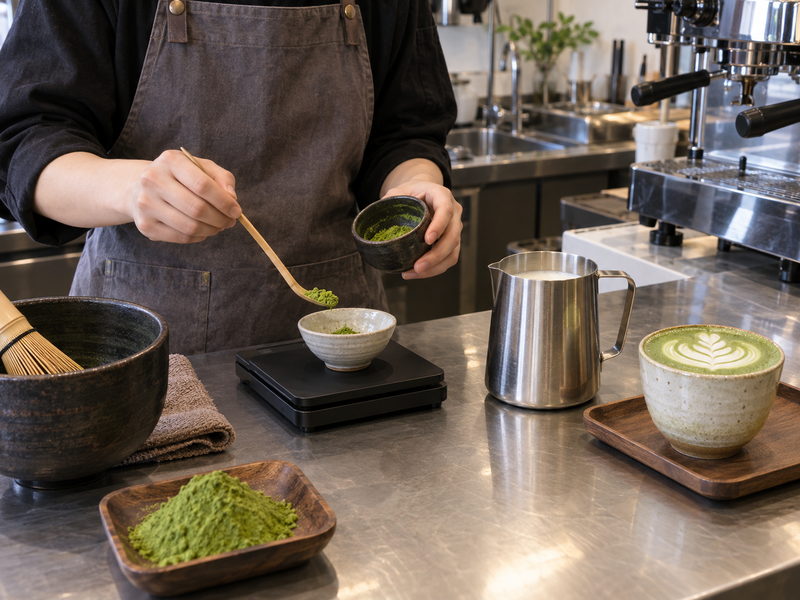 Barista weighs matcha powder beside milk and a prepared latte