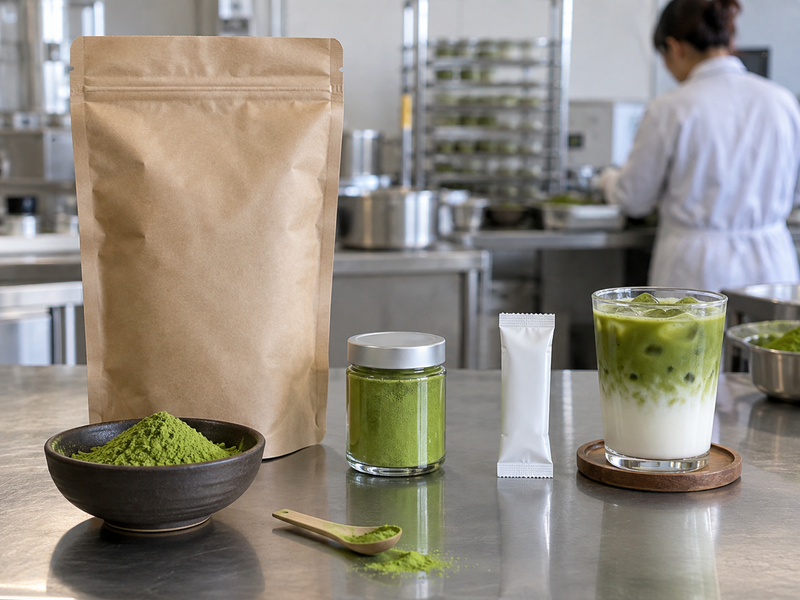Bulk pouch, retail jar, sachet, and iced latte on a supplier sample table