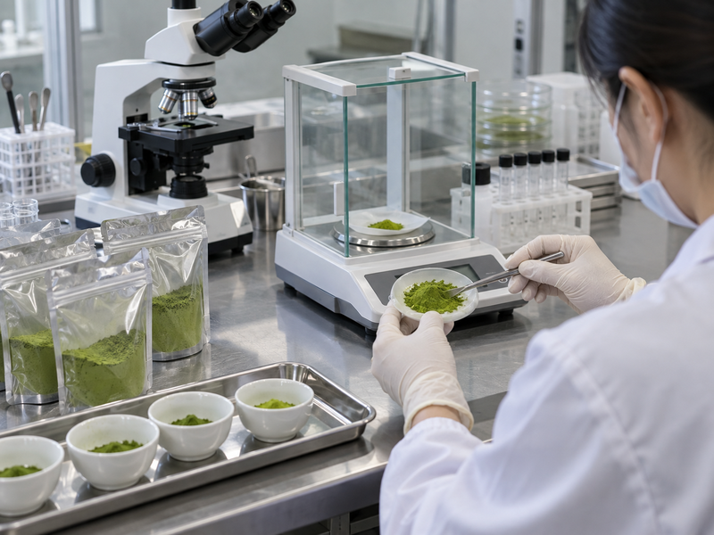 Lab technician handles matcha samples beside a balance and microscope