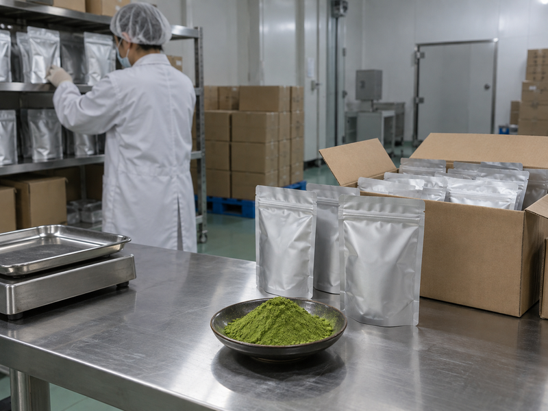 Sealed matcha pouches and cartons stored in a clean factory room