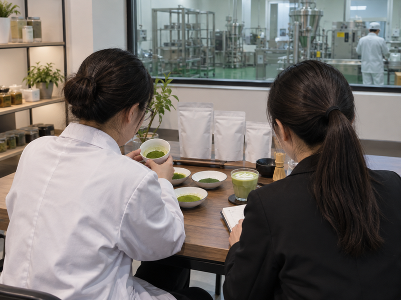 Product specialists compare matcha samples beside a Chinese factory floor