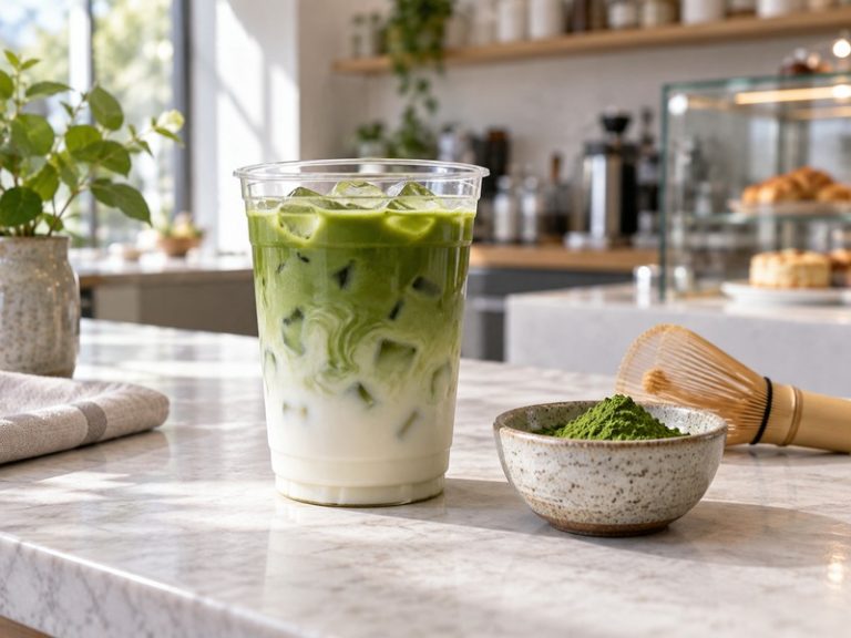 Iced matcha latte with milk and matcha powder