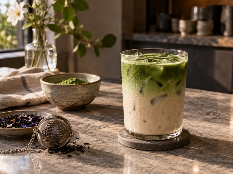 Iced Earl Grey matcha latte beside an infuser and matcha bowl