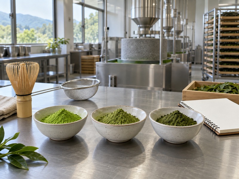 Three matcha powder samples compared on a tea quality-control bench