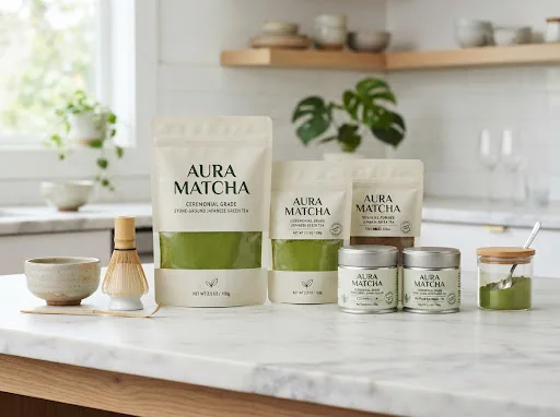 Aura Matcha retail stand-up pouches and branded tea tins
