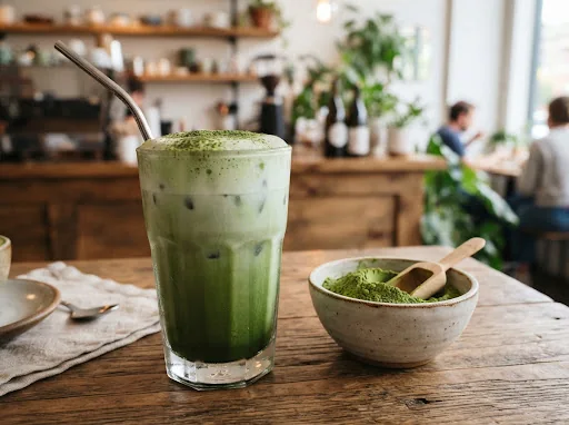 Fresh matcha latte for café drink preparation