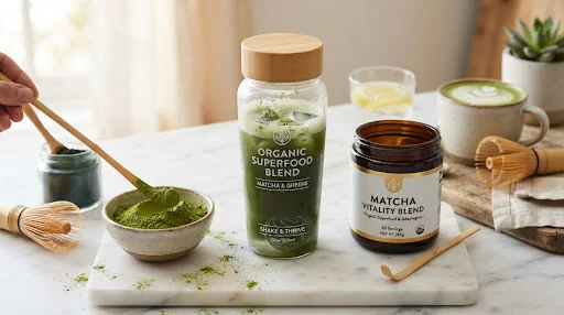 Matcha superfood nutrition bowl and powder spoon