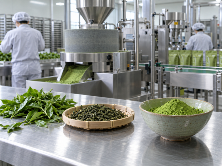 Fresh tea leaves, dried leaves, and matcha powder in a Chinese tea factory
