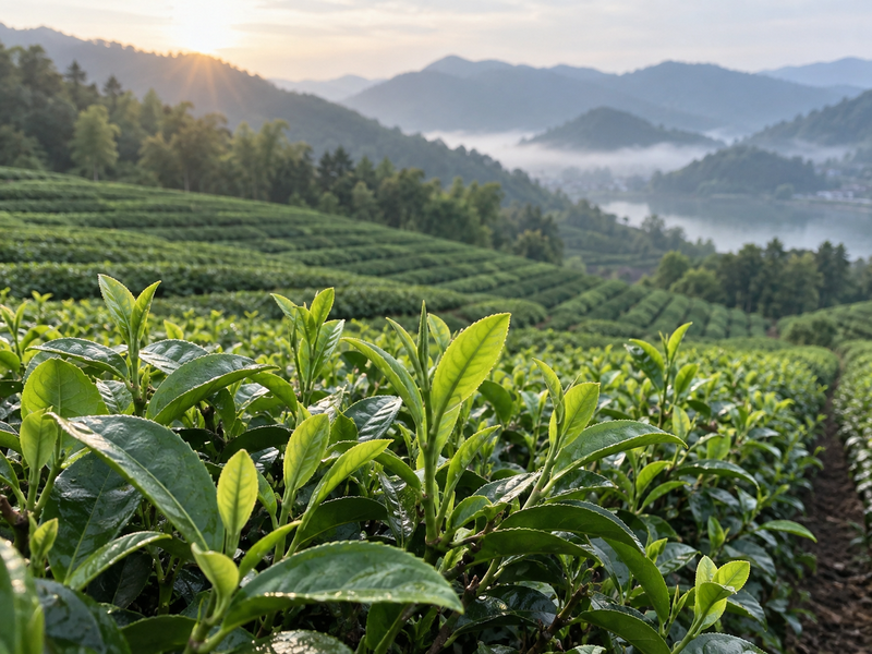 Young tea leaves growing across a mountain tea garden