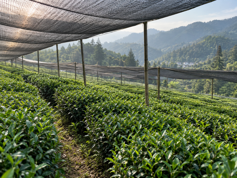 Tea bushes growing under shade cloth in a Chinese tea garden