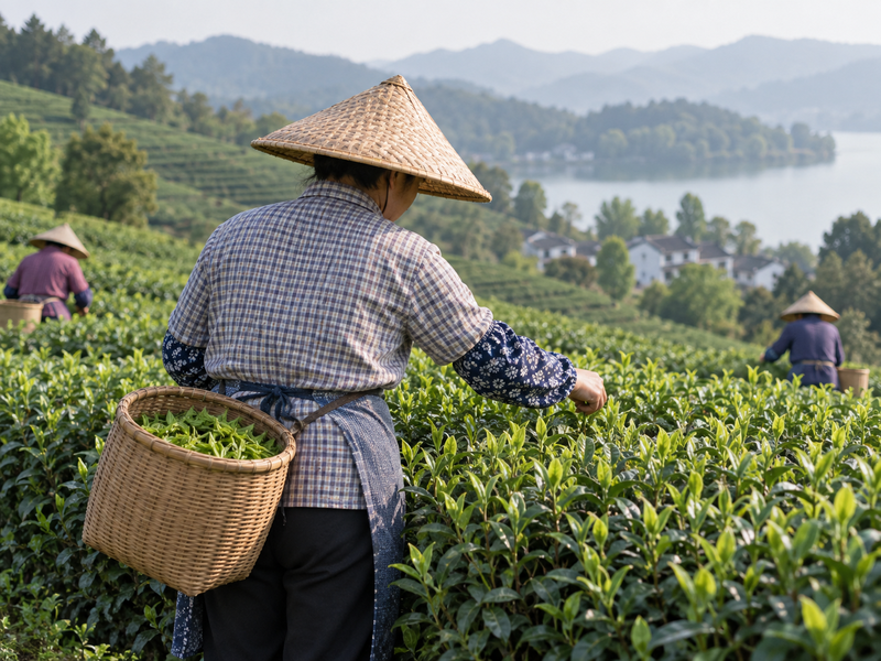 Tea picker harvesting young leaves in a hillside tea garden