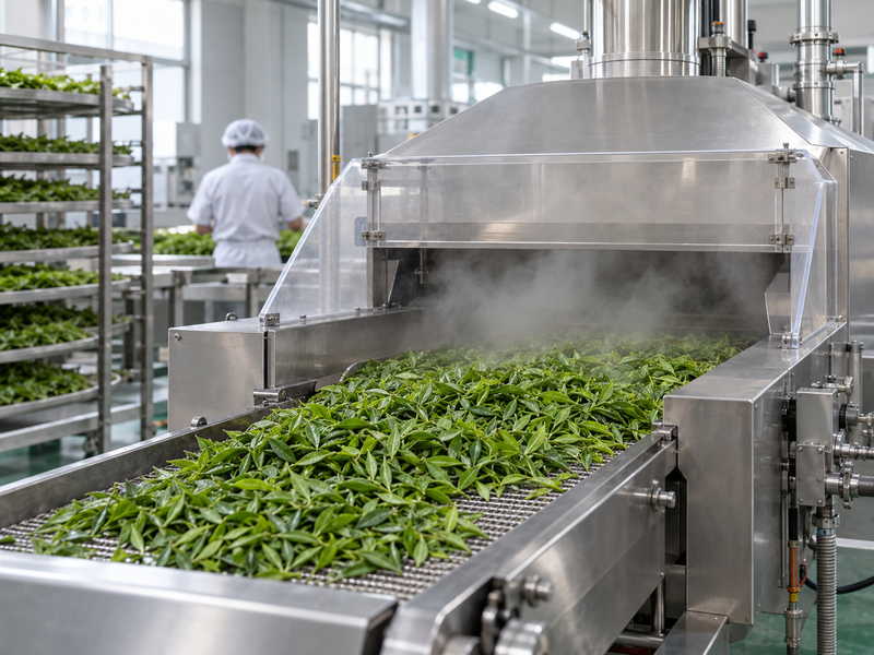 Fresh tea leaves passing through a steaming machine