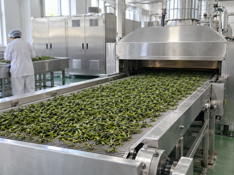 Processed tea leaves moving through an industrial dryer