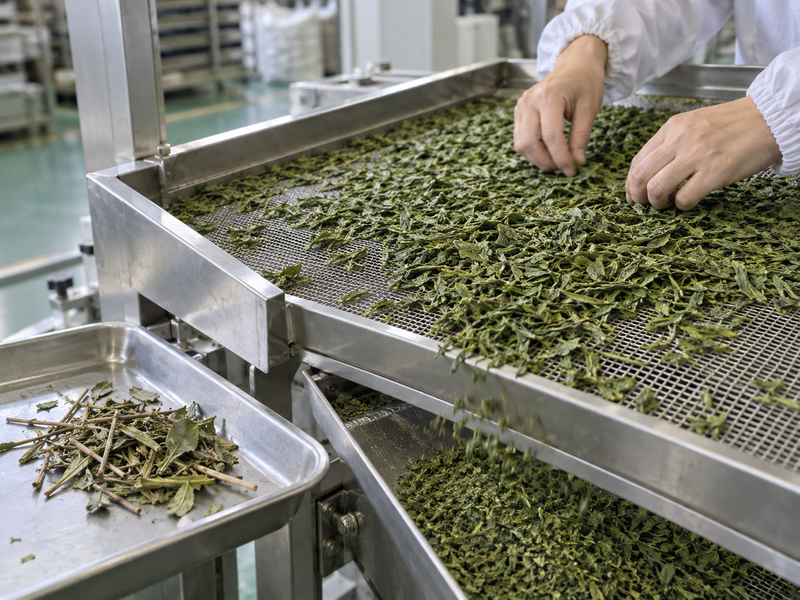 Worker sorting dried tea leaves and stems on a screening table