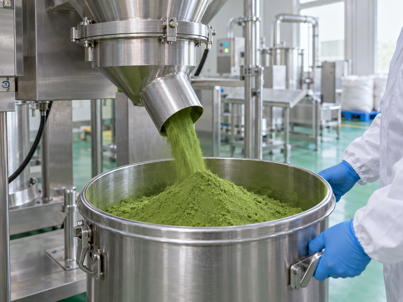 Fine matcha powder collected beneath a grinding machine
