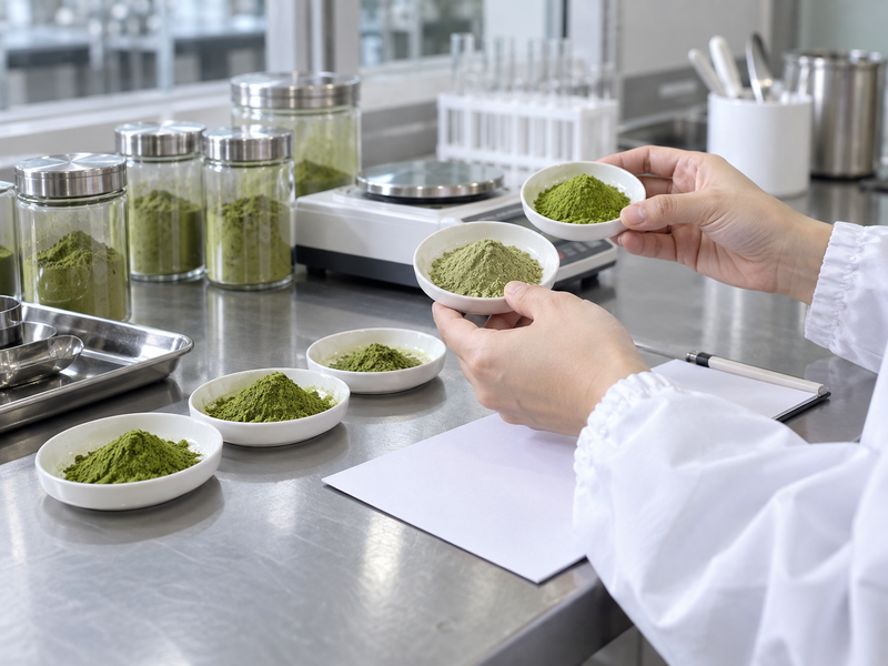 Quality worker comparing matcha powder samples in a lab