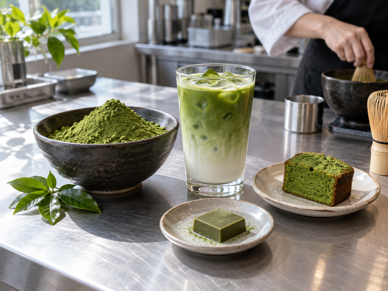 Matcha powder tested in a latte, baked cake, and confection