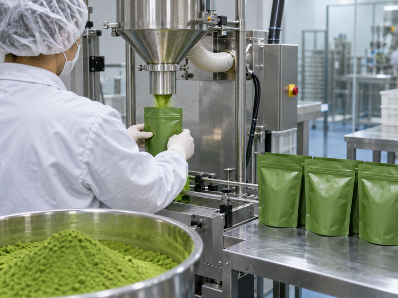 Worker filling a green matcha pouch beside sealed packages