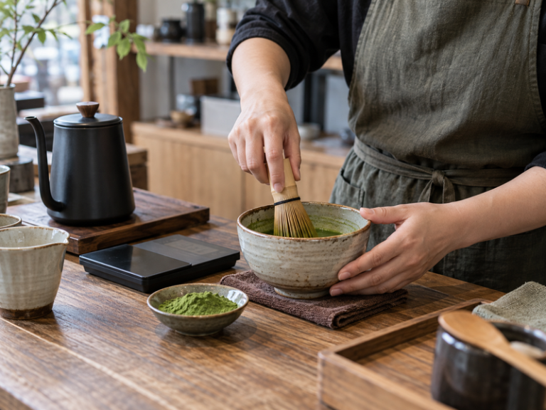 Barista whisking matcha at a café counter beside a kettle and scale
