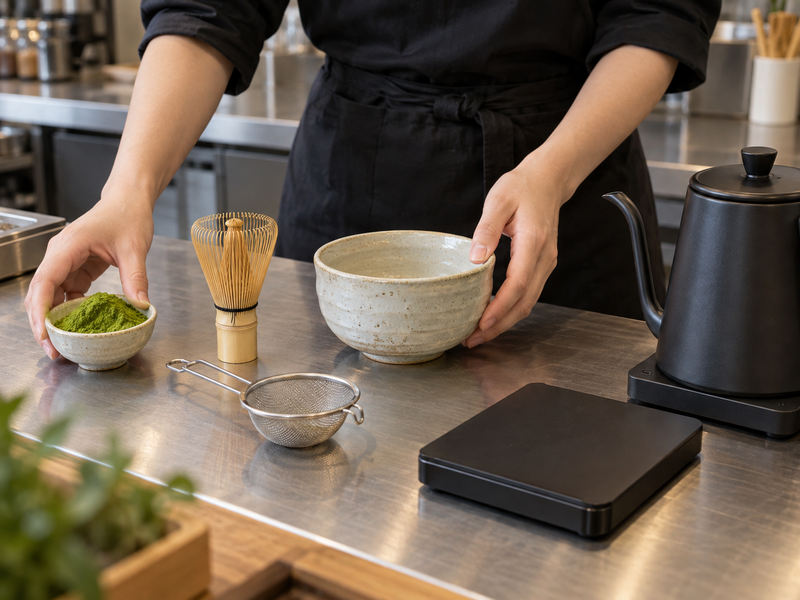 Matcha powder, sieve, whisk, bowl, scale and kettle arranged for preparation