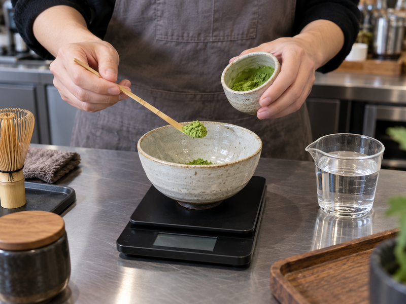 Worker measuring matcha powder into a bowl on a digital scale