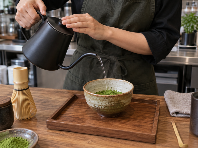 Warm water poured from a kettle onto matcha powder in a bowl