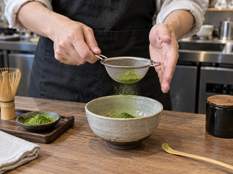 Worker sifting fine matcha powder into a ceramic bowl
