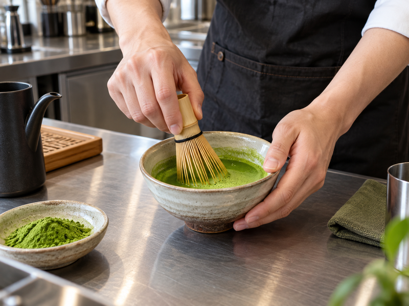 Worker whisking a smooth bowl of matcha with a bamboo whisk