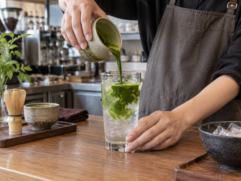 Smooth matcha slurry poured into a glass of ice and water