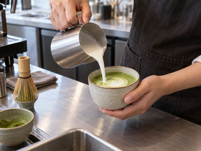 Steamed milk poured into prepared matcha to make a latte