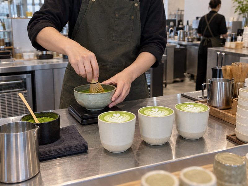 Barista preparing matcha beside three matching café lattes