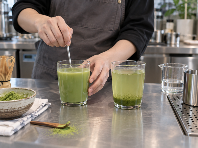 Freshly mixed matcha beside a second glass with settled powder