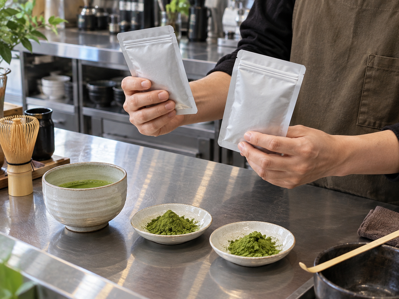 Buyer comparing two plain matcha sample pouches with a prepared cup