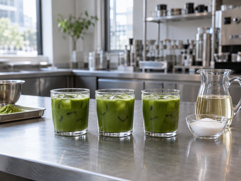 How to sweeten matcha with measured syrup and sugar in a café drink trial