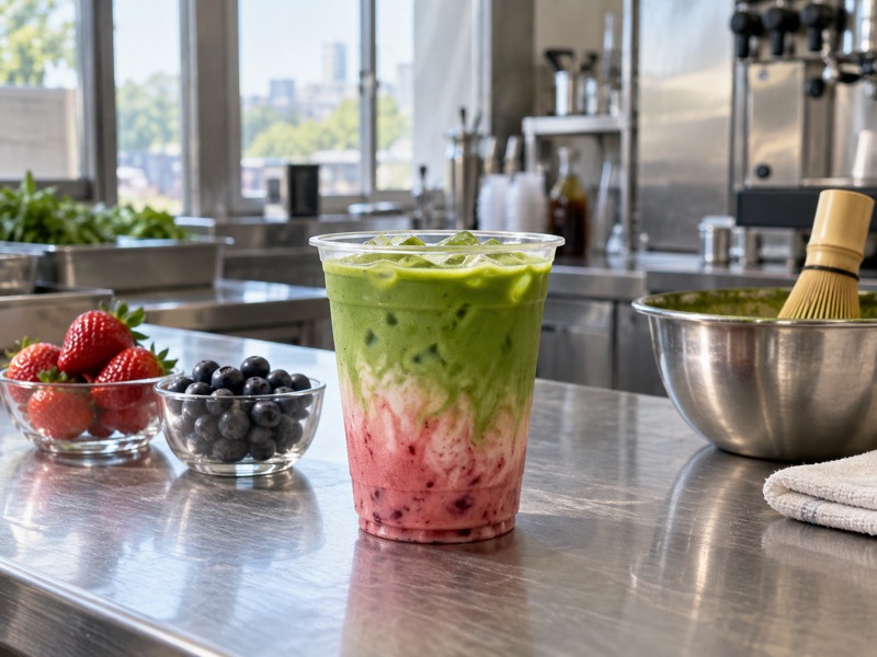 Iced double berry matcha with strawberry and raspberry components in a clear café cup