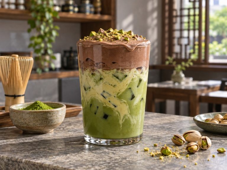 Iced matcha with pistachio swirl and chocolate cream foam in a clear glass