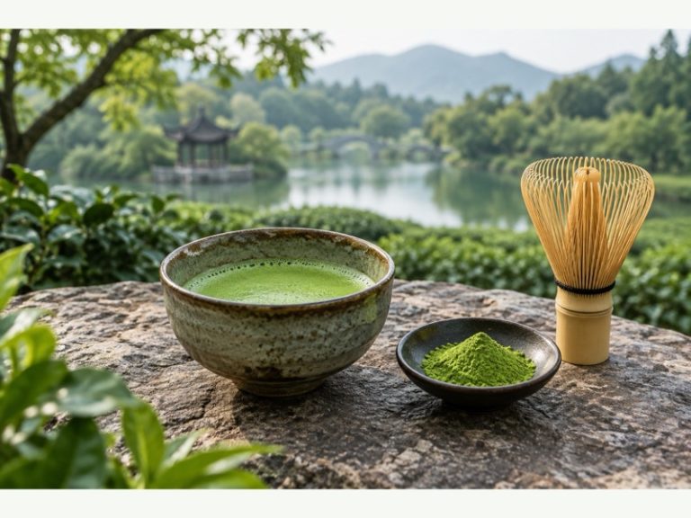 Ceremonial matcha bowl with powder and bamboo whisk