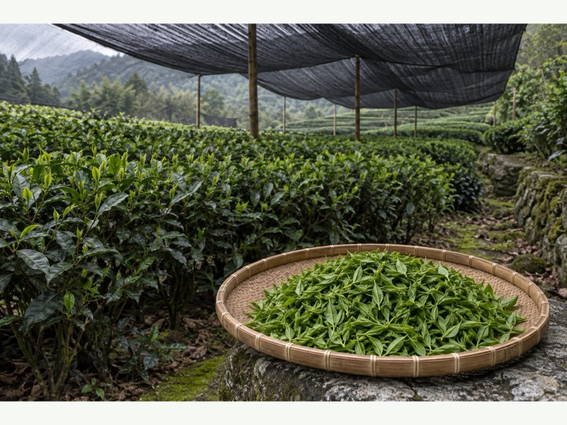 Shaded tea plants and traditional tea processing tools