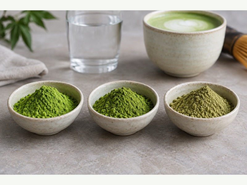 Three bowls comparing shades of matcha powder