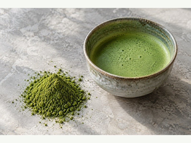 Close view of matcha powder and a frothy bowl
